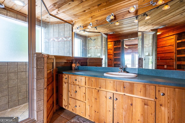 230 Kelly Dr, Hamilton, GA 31811 - full bath featuring wood ceiling, vanity, and a stall shower