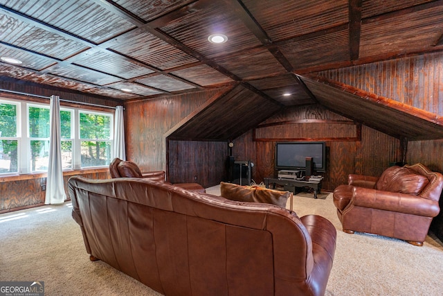 230 Kelly Dr, Hamilton, GA 31811 - living room featuring light colored carpet, wood walls, wooden ceiling, and lofted ceiling