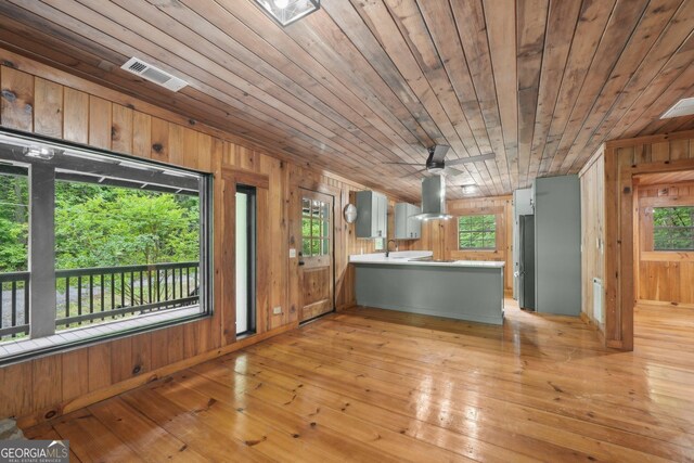 853 Bates Rd, Ellijay, GA 30540 - unfurnished living room with wooden ceiling, wood walls, healthy amount of natural light, light wood-style floors, and a ceiling fan