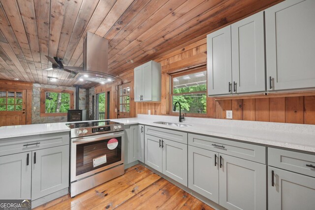 853 Bates Rd, Ellijay, GA 30540 - kitchen featuring stainless steel electric range, wood ceiling, plenty of natural light, light countertops, and a peninsula