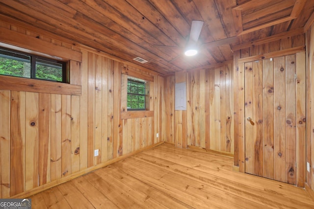 853 Bates Rd, Ellijay, GA 30540 - empty room featuring wood ceiling, hardwood / wood-style flooring, wooden walls, and electric panel