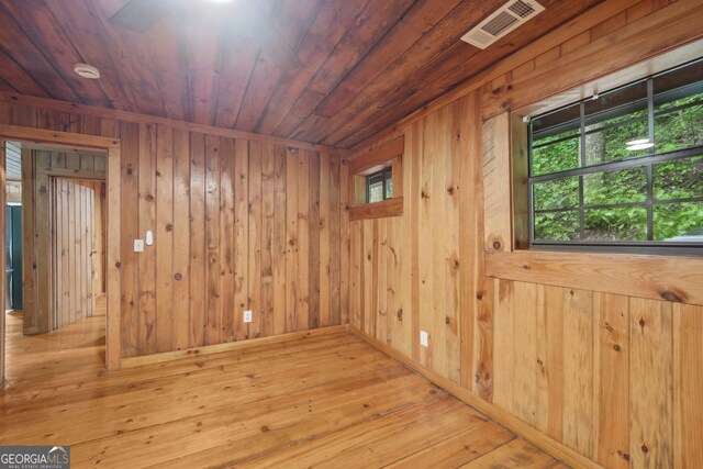 853 Bates Rd, Ellijay, GA 30540 - empty room with wood walls, wooden ceiling, hardwood / wood-style flooring, and a smoke detector
