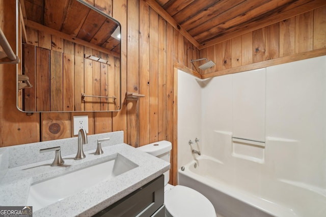 853 Bates Rd, Ellijay, GA 30540 - bathroom with wood ceiling, vanity, wooden walls, and shower / bath combination