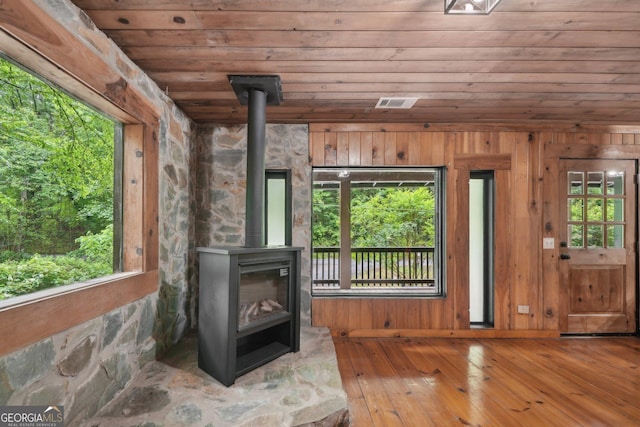 853 Bates Rd, Ellijay, GA 30540 - living area featuring a wood stove, wooden ceiling, healthy amount of natural light, hardwood / wood-style floors, and wooden walls