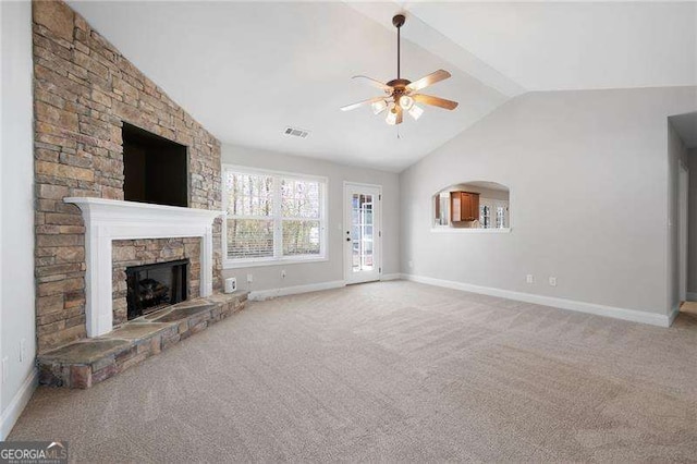 85 Stiles Dr, Dallas, GA 30132 - unfurnished living room featuring ceiling fan, carpet flooring, and a fireplace