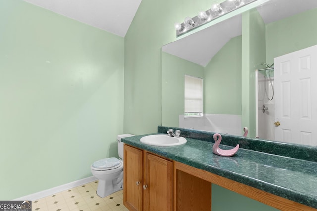 3599 Salem Glen Rd, Lithonia, GA 30038 - bathroom featuring toilet, a shower, vaulted ceiling, vanity, and tile patterned floors
