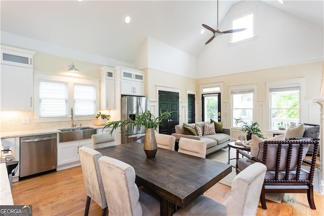 151 Savannah St SE, Atlanta, GA 30316 - dining area with high vaulted ceiling, ceiling fan, light wood finished floors, and recessed lighting