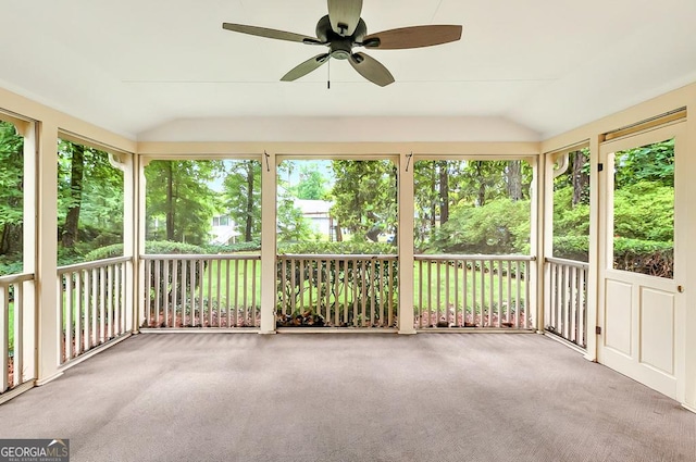 3564 Liberty Ln, Marietta, GA 30062 - unfurnished sunroom featuring vaulted ceiling, ceiling fan, and carpet flooring