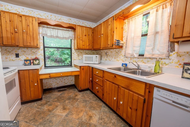 115 Jin Ln, Franklin, NC 28734 - kitchen featuring white appliances, a sink, wallpapered walls, light countertops, and brown cabinets