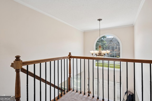 75 Hunters Ct, Dallas, GA 30157 - stairway featuring a chandelier, crown molding, a textured ceiling, and carpet flooring