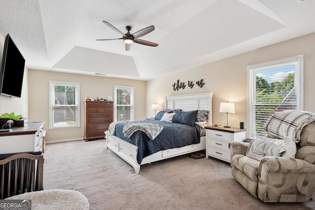 75 Hunters Ct, Dallas, GA 30157 - bedroom featuring a tray ceiling, light colored carpet, ceiling fan, and a textured ceiling