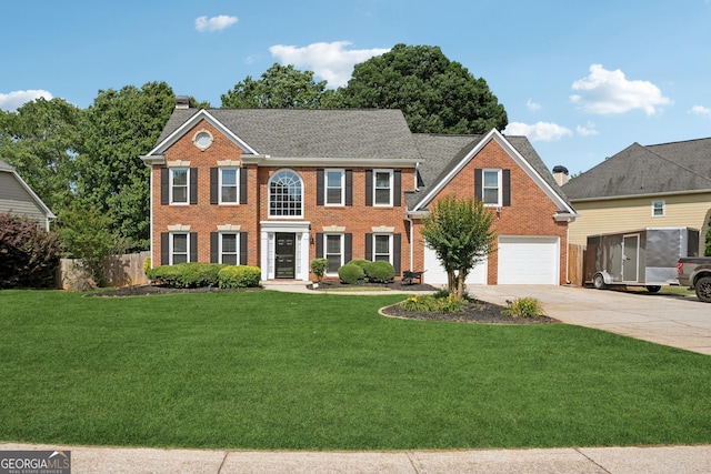 75 Hunters Ct, Dallas, GA 30157 - colonial inspired home featuring brick siding, concrete driveway, a chimney, and an attached garage