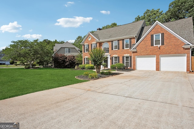 75 Hunters Ct, Dallas, GA 30157 - colonial house featuring brick siding, concrete driveway, a front lawn, a garage, and a shingled roof