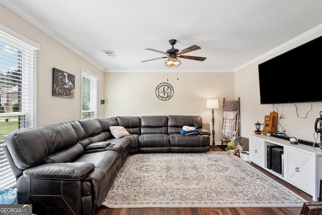 75 Hunters Ct, Dallas, GA 30157 - living area with crown molding, a ceiling fan, wood finished floors, and a textured ceiling