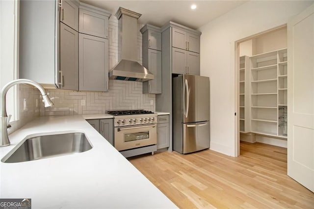 4757 Lake Forrest Dr NW, Atlanta, GA 30342 - kitchen with stainless steel appliances, wall chimney exhaust hood, gray cabinetry, a sink, and tasteful backsplash