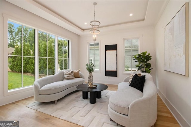 4757 Lake Forrest Dr NW, Atlanta, GA 30342 - living room with a raised ceiling, wood finished floors, baseboards, and recessed lighting
