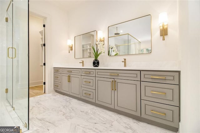 4757 Lake Forrest Dr NW, Atlanta, GA 30342 - full bath featuring marble look tile flooring, a stall shower, and double vanity