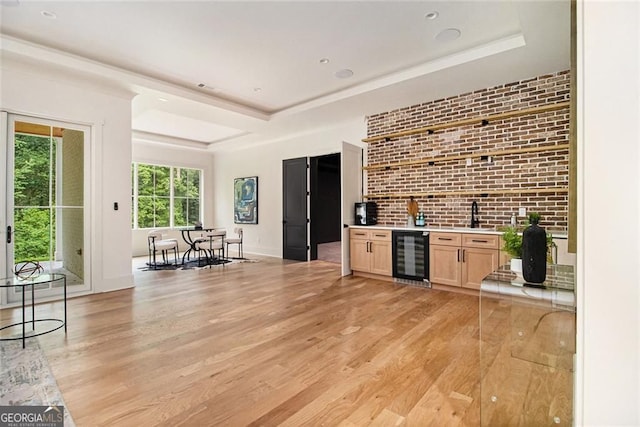 4757 Lake Forrest Dr NW, Atlanta, GA 30342 - indoor bar with beverage cooler, a tray ceiling, light wood-style floors, brick wall, and baseboards