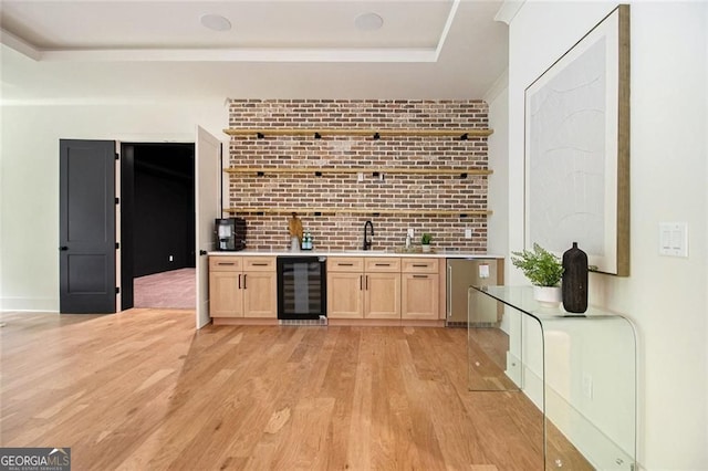 4757 Lake Forrest Dr NW, Atlanta, GA 30342 - indoor wet bar with beverage cooler, a raised ceiling, fridge, and light wood finished floors