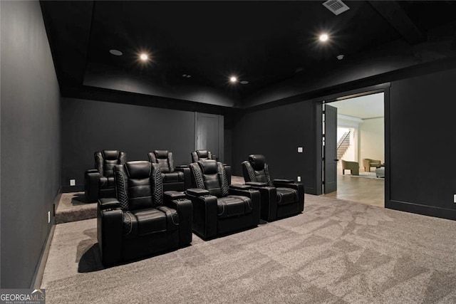 4757 Lake Forrest Dr NW, Atlanta, GA 30342 - home theater featuring carpet flooring, baseboards, a raised ceiling, and recessed lighting