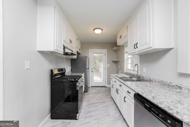 1381 Benteen Way SE, Atlanta, GA 30315 - kitchen with appliances with stainless steel finishes, light marble finish floors, white cabinets, and under cabinet range hood