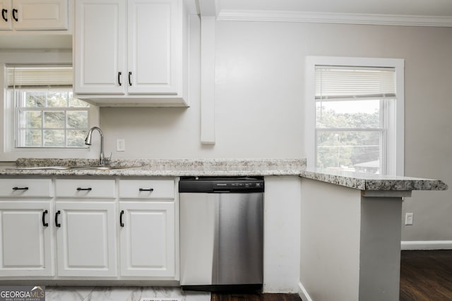 1381 Benteen Way SE, Atlanta, GA 30315 - kitchen with dishwasher, ornamental molding, white cabinets, and light stone countertops