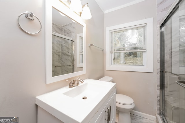 1381 Benteen Way SE, Atlanta, GA 30315 - bathroom featuring marble look tile flooring, vanity, a stall shower, and crown molding