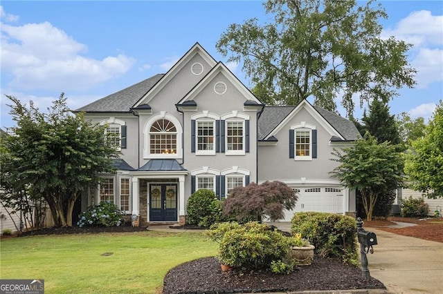 525 Arbor Creek Ct, Roswell, GA 30076 - view of front of property featuring french doors, a garage, a front lawn, stucco siding, and concrete driveway