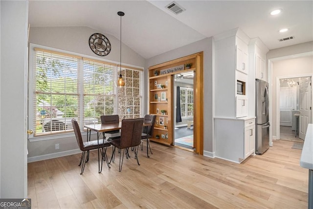 525 Arbor Creek Ct, Roswell, GA 30076 - dining room with baseboards, light wood-style floors, vaulted ceiling, and recessed lighting