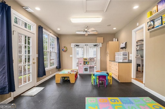 525 Arbor Creek Ct, Roswell, GA 30076 - playroom with baseboards, dark flooring, recessed lighting, ceiling fan, and french doors