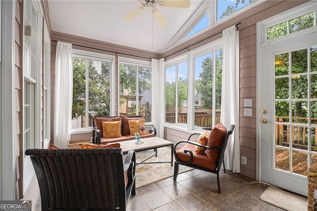 525 Arbor Creek Ct, Roswell, GA 30076 - sunroom / solarium with ceiling fan, vaulted ceiling, plenty of natural light, and an outdoor living space