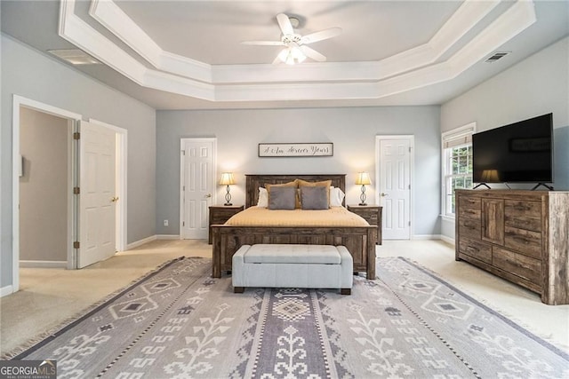 525 Arbor Creek Ct, Roswell, GA 30076 - bedroom with light carpet, a raised ceiling, baseboards, and a ceiling fan