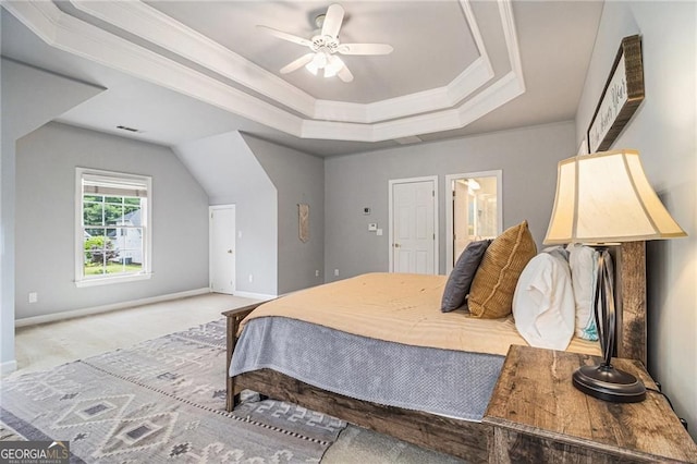 525 Arbor Creek Ct, Roswell, GA 30076 - carpeted bedroom with a tray ceiling, baseboards, connected bathroom, and ceiling fan
