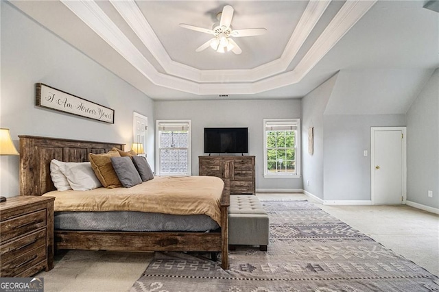 525 Arbor Creek Ct, Roswell, GA 30076 - carpeted bedroom with a tray ceiling, baseboards, a ceiling fan, and ornamental molding