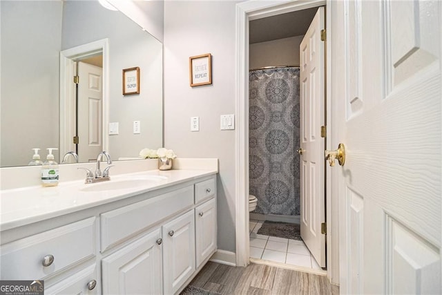525 Arbor Creek Ct, Roswell, GA 30076 - bathroom with vanity, toilet, tile patterned flooring, and curtained shower