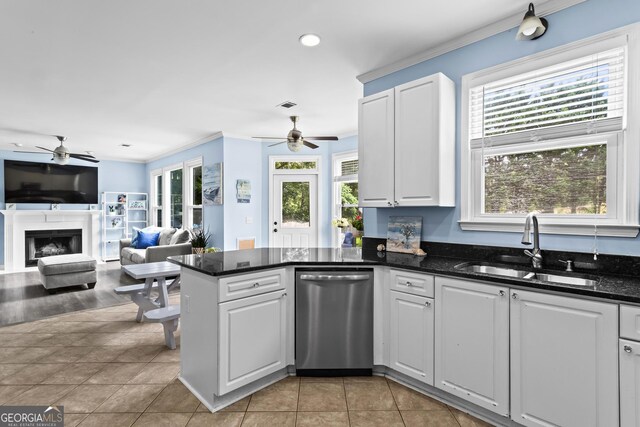 4365 Wicklow Ct, Suwanee, GA 30024 - kitchen with a ceiling fan, stainless steel dishwasher, a sink, healthy amount of natural light, and crown molding
