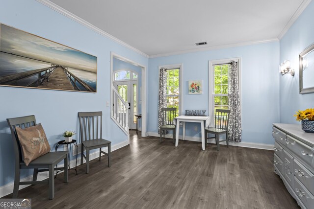 4365 Wicklow Ct, Suwanee, GA 30024 - living area with dark wood finished floors, crown molding, and baseboards