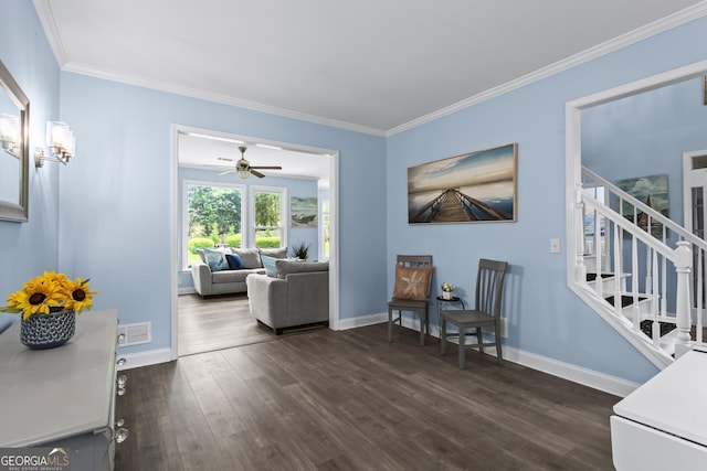 4365 Wicklow Ct, Suwanee, GA 30024 - sitting room with dark wood-style flooring, stairs, crown molding, baseboards, and a ceiling fan