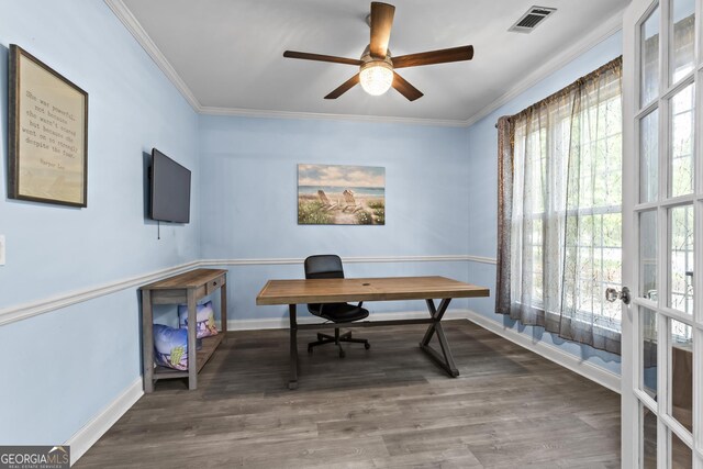 4365 Wicklow Ct, Suwanee, GA 30024 - office area featuring baseboards, ornamental molding, ceiling fan, and wood finished floors