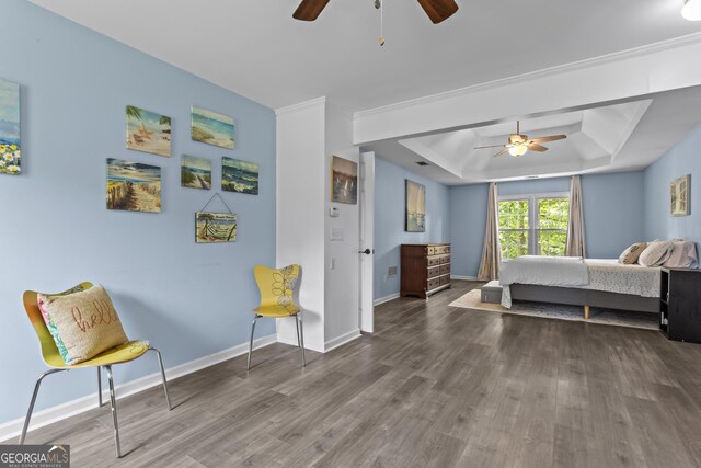 4365 Wicklow Ct, Suwanee, GA 30024 - bedroom with a tray ceiling, wood finished floors, baseboards, and ceiling fan