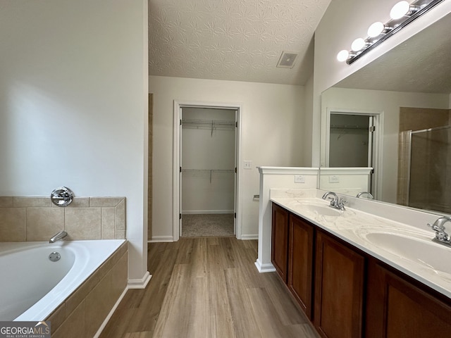234 Silver Arrow Cir, Austell, GA 30168 - bathroom featuring wood finished floors, a shower stall, a walk in closet, a garden tub, and double vanity