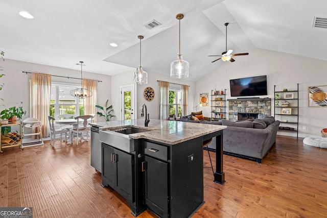 19 E Murphy St, Newnan, GA 30263 - kitchen with a sink, dark cabinets, a stone fireplace, a center island with sink, and lofted ceiling