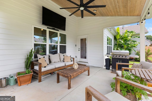 19 E Murphy St, Newnan, GA 30263 - view of patio / terrace with an outdoor hangout area, a ceiling fan, and area for grilling