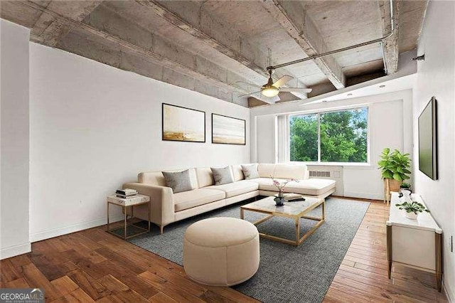 2479 Peachtree Rd NE Unit 305, Atlanta, GA 30305 - living room featuring a ceiling fan, wood-type flooring, and radiator heating unit