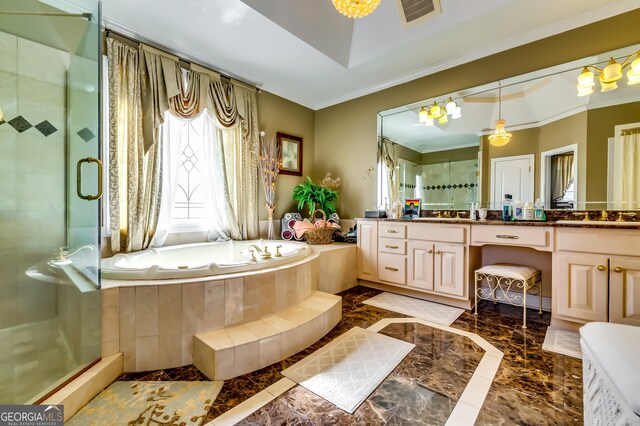 1214 Greenridge Ln, Lithonia, GA 30058 - bathroom with vanity, a bath, a shower stall, crown molding, and marble tiled flooring