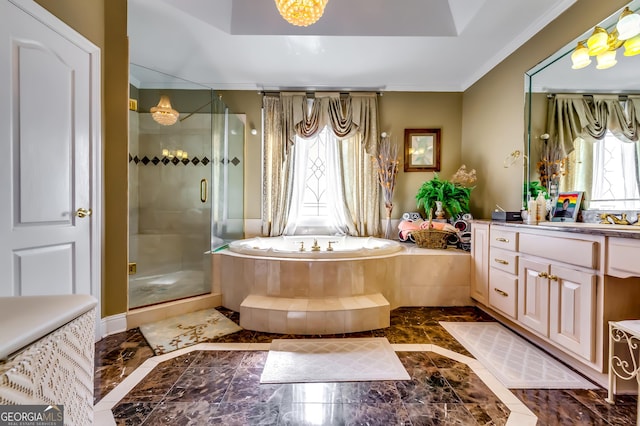 1214 Greenridge Ln, Lithonia, GA 30058 - full bathroom featuring vanity, crown molding, a garden tub, a stall shower, and marble tiled flooring