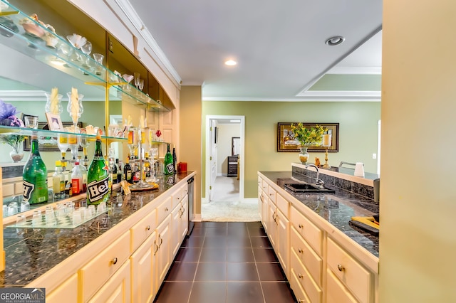 1214 Greenridge Ln, Lithonia, GA 30058 - indoor bar with ornamental molding, recessed lighting, baseboards, and dark tile patterned floors