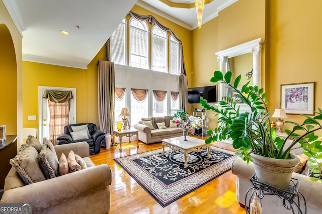 1214 Greenridge Ln, Lithonia, GA 30058 - living area featuring ornamental molding, wood finished floors, and a towering ceiling