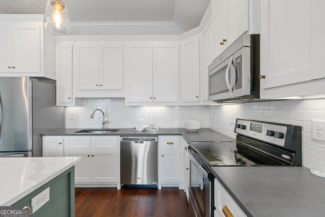 435 New St, Macon, GA 31201 - kitchen with stainless steel appliances, a sink, white cabinets, dark wood-type flooring, and wooden ceiling