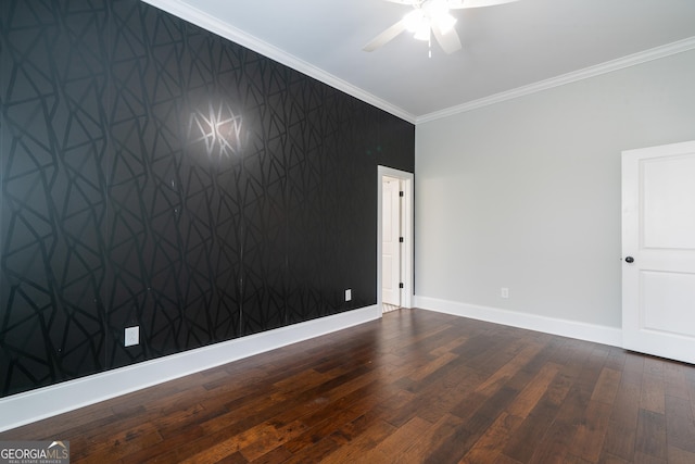 435 New St, Macon, GA 31201 - unfurnished room with crown molding, ceiling fan, baseboards, wood finished floors, and an accent wall
